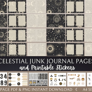 May include: A set of 40 printable pages featuring celestial and moon themed designs. The pages are perfect for junk journaling and include a variety of patterns, illustrations, and text. The set also includes printable stickers with celestial and moon motifs.