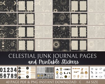 Celestial Junk Journal Kit | Moon & Stars Collage, Sticker Sheets (PDF)