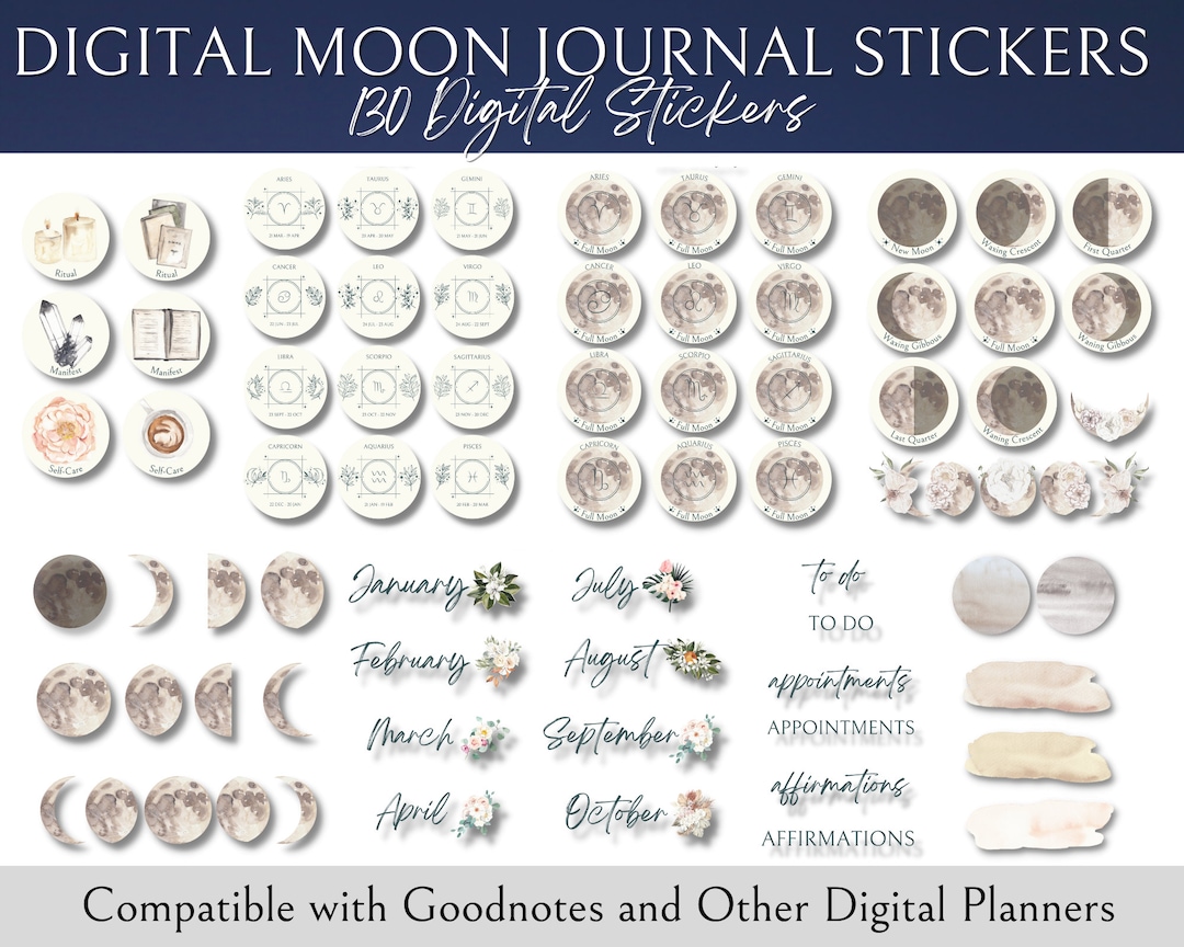 Watercolor Moon & Zodiac Digital Planner Stickers | 130 Pngs (digital ...