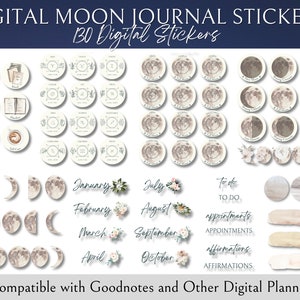 Digital Planner Stickers | 130 Digital Moon & Zodiac Stickers | Moon Phases PNGs | Digital Journal Sticker Book | Pre-Cropped Lunar Clipart