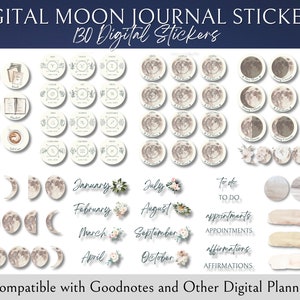 Adesivos de planejador digital | 130 adesivos digitais de lua e zodíaco | Fases Da Lua PNGs | Livro de adesivos de diário digital | Clipart lunar pré-cortado