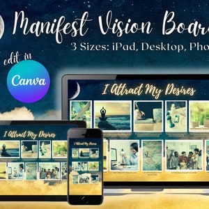 Manifestation Vision Board | Editable Canva Template | Printable Vision Board | Digital Dream Board Kit | Intention & Gratitude Wallpaper