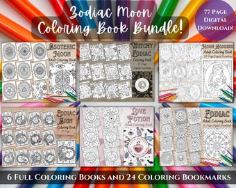 Zodiac Coloring Book Bundle | 77 Mystical Coloring Pages | 6 Adult Coloring Books and 24 Coloring Bookmarks | PDF Astrology Coloring Books