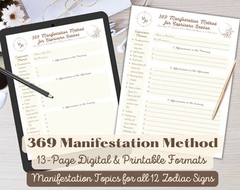 369 Manifest Journal for All Zodiac Signs | 369 Manifestation Method | Law of Attraction Astrology Worksheets | Printable & Editable PDFs