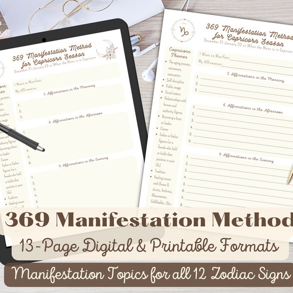 369 Manifest Journal for All Zodiac Signs | 369 Manifestation Method | Law of Attraction Astrology Worksheets | Printable & Editable PDFs