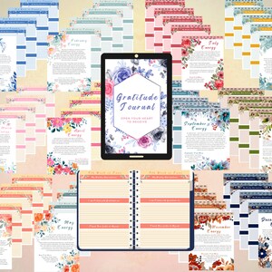 Puede incluir: Un planificador digital con un dise&ntilde;o floral y el texto "Gratitude Journal Open Your Heart To Receive". El planificador incluye p&aacute;ginas mensuales para cada mes del a&ntilde;o, con un dise&ntilde;o floral diferente para cada mes.