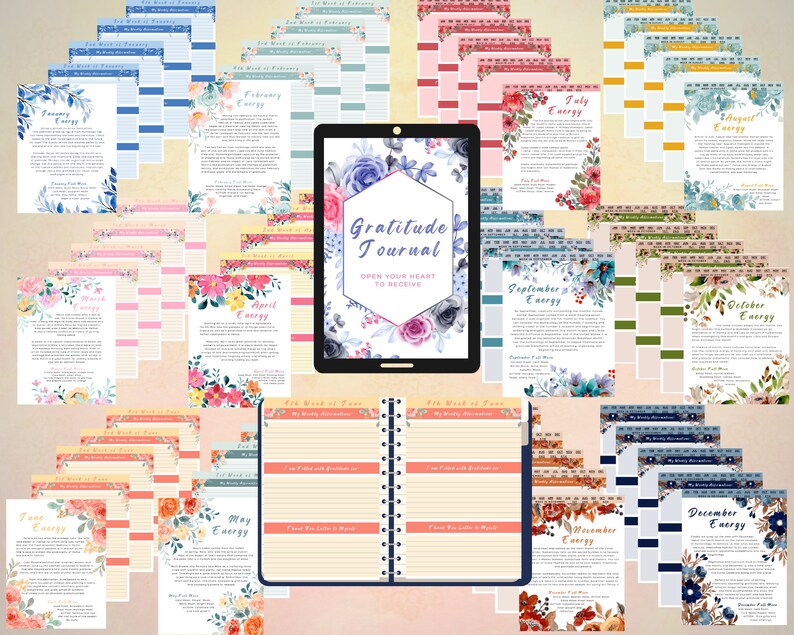 Puede incluir: Un planificador digital con un dise&ntilde;o floral y el texto "Gratitude Journal Open Your Heart To Receive". El planificador incluye p&aacute;ginas mensuales para cada mes del a&ntilde;o, con un dise&ntilde;o floral diferente para cada mes.