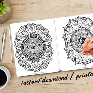 May include: Two black and white mandala colouring pages with intricate designs. The first page features an all-seeing eye inside a triangle, surrounded by stars and moons. The second page features a sun with an eye inside, surrounded by rays and geometric patterns. The text "instant download | printable" is at the bottom of the image.