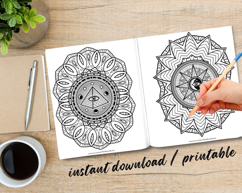 May include: Two black and white mandala colouring pages with intricate designs. The first page features an all-seeing eye inside a triangle, surrounded by stars and moons. The second page features a sun with an eye inside, surrounded by rays and geometric patterns. The text "instant download | printable" is at the bottom of the image.