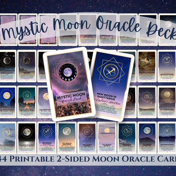 Mystic Moon Oracle Deck | Printable Divination Cards | 44-Card Moon Magic Deck | Moon Ritual Cards | Witchy Moon Cards | Digital PDF & PNGs