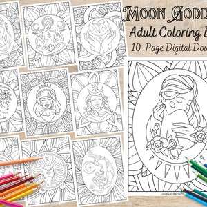 Moon Goddess Coloring Book | Lunar Fantasy Coloring Pages | Adult Relaxation Printable | Vintage Moon Coloring Book | Celestial Mother