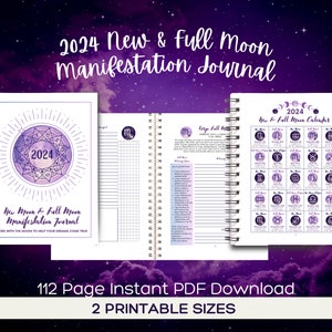 2024 New Moon & Full Moon Manifestation Journal | 2024 Moon Planner | PDF Digital Download | 112 Printable | 2 Sizes | Guided Lunar Diary