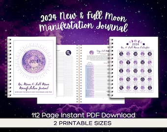 2024 New Moon & Full Moon Manifestation Journal | 2024 Moon Planner | PDF Digital Download | 112 Printable | 2 Sizes | Guided Lunar Diary