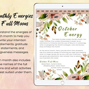 Puede incluir: Una ilustraci&oacute;n digital de una p&aacute;gina de calendario para octubre con un dise&ntilde;o floral de acuarela. El texto "Energ&iacute;a de octubre" aparece en una fuente grande. El texto describe la energ&iacute;a del mes e incluye los nombres de las lunas llenas de octubre: Luna de sangre, Luna del cazador, Luna de muda y Luna de Halloween.