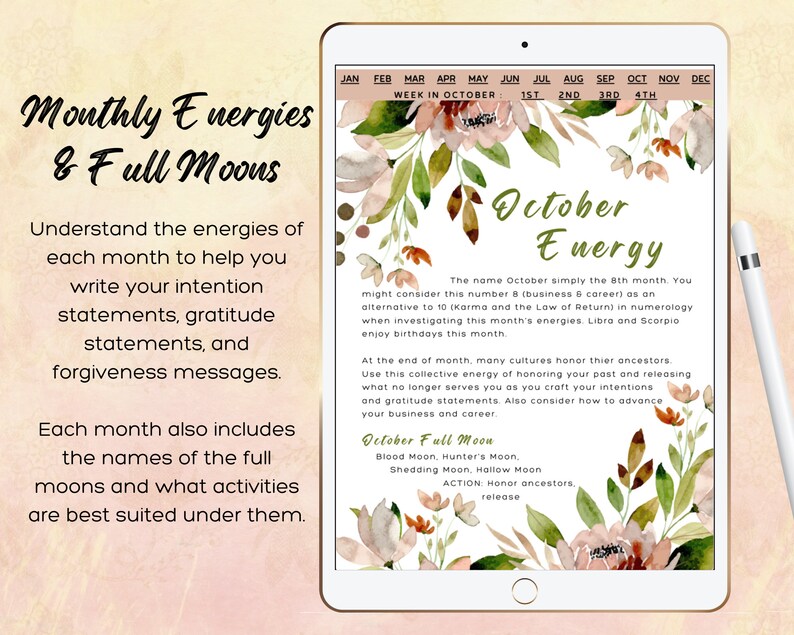 Puede incluir: Una ilustraci&oacute;n digital de una p&aacute;gina de calendario para octubre con un dise&ntilde;o floral de acuarela. El texto "Energ&iacute;a de octubre" aparece en una fuente grande. El texto describe la energ&iacute;a del mes e incluye los nombres de las lunas llenas de octubre: Luna de sangre, Luna del cazador, Luna de muda y Luna de Halloween.