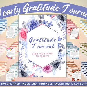 Puede incluir: Un diario de gratitud digital imprimible con 62 p&aacute;ginas hipervinculadas. La portada presenta un dise&ntilde;o floral de acuarela con flores rosas, azules y grises. El t&iacute;tulo "Yearly Gratitude Journal" est&aacute; escrito en una fuente grande y decorativa. El texto "Open your heart to receive" est&aacute; escrito en una fuente m&aacute;s peque&ntilde;a debajo del t&iacute;tulo.