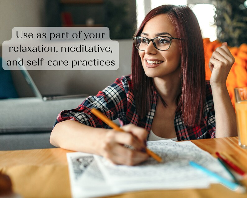 May include: A woman wearing glasses and a checked shirt is colouring in a colouring book with a pencil. The text "Use as part of your relaxation, meditative, and self-care practices" is visible in the image.