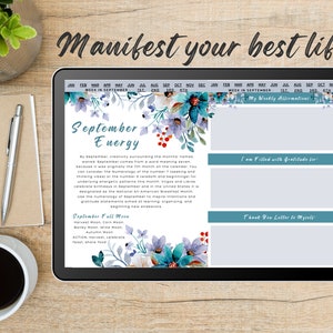 Puede incluir: Una p&aacute;gina de planificador digital imprimible con un dise&ntilde;o floral y el texto "Energ&iacute;a de septiembre". La p&aacute;gina incluye secciones para afirmaciones semanales, gratitud y una carta de agradecimiento para ti mismo.