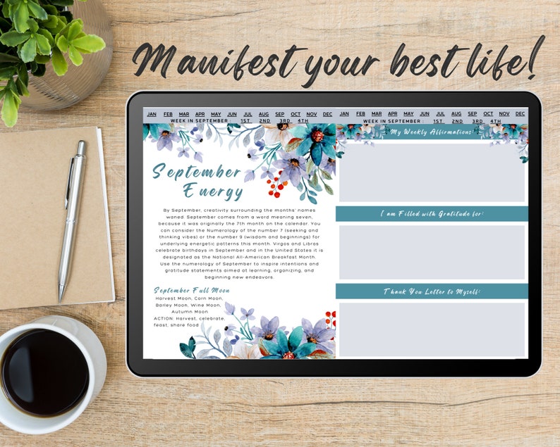 Puede incluir: Una p&aacute;gina de planificador digital imprimible con un dise&ntilde;o floral y el texto "Energ&iacute;a de septiembre". La p&aacute;gina incluye secciones para afirmaciones semanales, gratitud y una carta de agradecimiento para ti mismo.