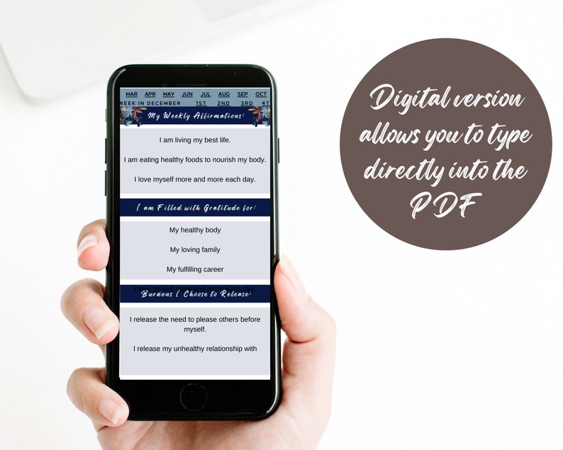 Puede incluir: Un planificador de afirmaciones semanales imprimible digital con un dise&ntilde;o azul y blanco. El planificador incluye secciones para afirmaciones semanales, gratitud y cosas para liberar. El texto en el planificador dice "Mis afirmaciones semanales", "Estoy lleno de gratitud por" y "Las cargas que elijo liberar".