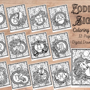 Kolorowanki ze znakami zodiaku | 12-stronicowa wersja do druku cyfrowego do pobrania | Astrologia do druku | Kolorowanka dla dorosłych w formacie PDF i PNG | Relaks dla dorosłych