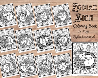 Zodiac Sign Coloring Pages | 12-Page Printable Digital Download | Astrology Printable | Adult Coloring Book PDF & PNG | Adult Relaxation