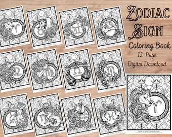 Zodiac Sign Coloring Pages | Art Nouveau Printable (PDF & PNG)