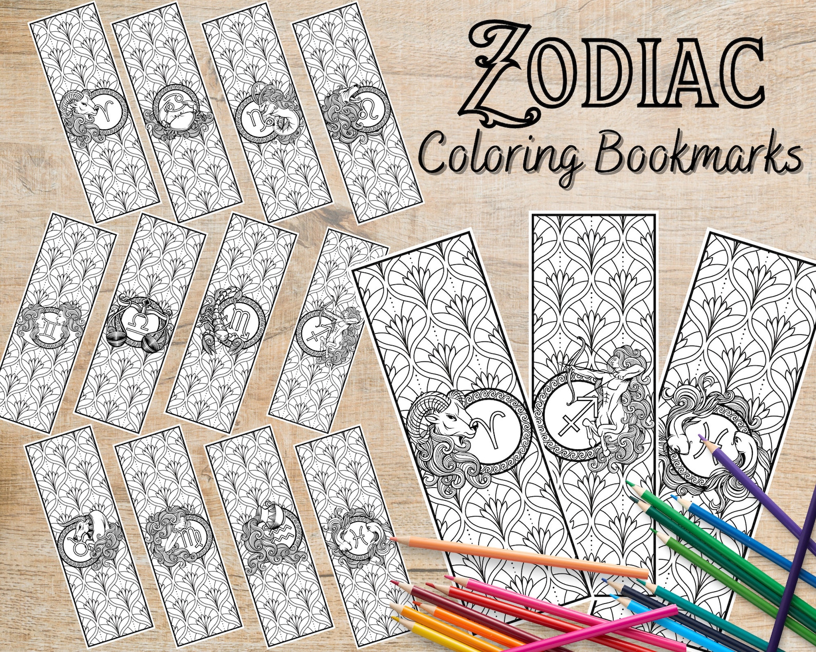 Zodiac Bookmarks Astrology Bookmarks 12 Bookmark Coloring Pages Adult and Child Coloring
