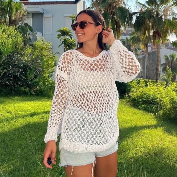 White Loose Knit Sweater, Long Sleeves Cotton Blouse, Crochet Lace Summer Top Lightweight Open Weave, Grunge Boho Style, Oversized Slouchy