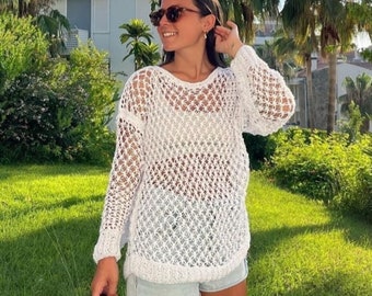 White Loose Knit Sweater, Long Sleeves Cotton Blouse, Crochet Lace Summer Top Lightweight Open Weave, Grunge Boho Style, Oversized Slouchy