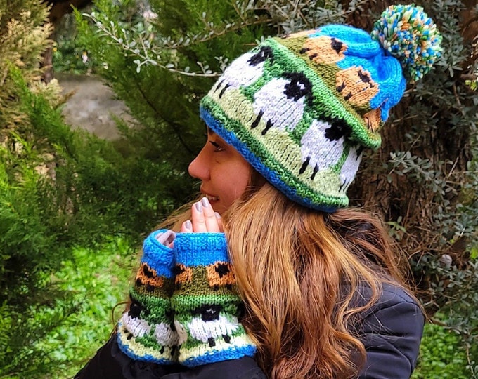 Hand Knit Alpaca Sheep Beanie & Fingerless Gloves Set