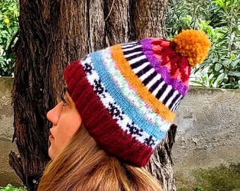 Hand Knitted Alpaca Wool Beanie: Striped Boho Fleece Lined