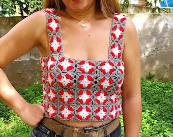 Gray Red granny square crochet tank top, Handmade summer crop top, Festival clothing, Cotton, Handmade