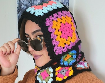 Colorful Granny Square Crochet Balaclava | Flower Knit Hoodie| Wool Balaclava Scarf| Winter Handmade Mask| Granny Square Hat| Knit Balaclava