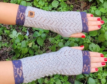 Women's hand knitted fingerless gloves, Arm warmers , Grey wrist warmers combined dark blue lace, cute and stylish