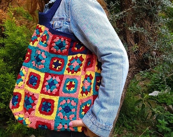 Navy Blue Colorful Granny Square Bag, Crochet Patchwork Bag, Hobo Bag, Knit Shoulder Bag, Tote Bag, Crochet Purse, Lined, Boho, Hippi Bag