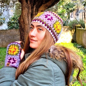 Crochet Granny Square Hat and Hand Warmer Set: Multicolor Flower Beanie image 9