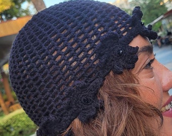 Handmade Black Crochet Cotton Beanie: Retro Fishnet Summer Hat