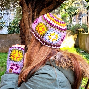 Crochet Granny Square Hat and Hand Warmer Set: Multicolor Flower Beanie image 2