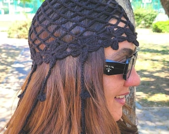 Czapka z frędzlami w kolorze czarnym, czapka z czaszką z dzianiny bawełnianej, czapka letnia