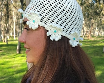 Ręcznie robiona czapka z koronki w kolorze kości słoniowej, bawełniany kapelusz letni