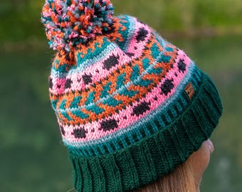 Hand Knit Wool Beanie: Colorful Striped Winter Hat, Fleece Lined