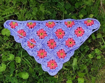 3D Lilac Daisy Crochet Bandana: Boho Cottagecore Hair Scarf