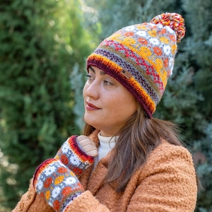 Women&#39;s hand knitted fair isle bobble beanie, Fingerless gloves, Ponytail headband, Matching Set, Fleece lined, Multicolor, Pom pom