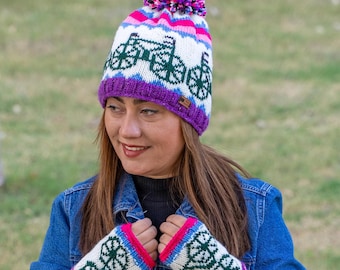 Ręcznie robiony na drutach zestaw: czapka rowerowa i rękawiczki bez palców – podszewka z polaru