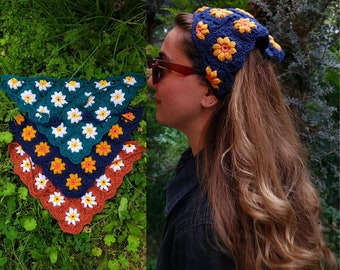 Handmade Daisy Crochet Bandana: Cotton Cottagecore Hair Scarf