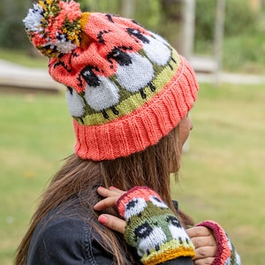 Handgestrickte Schafwolle Mütze & Handwärmer Set - mit Fleece gefüttert