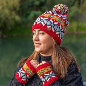 Hand knitted fair isle bobble beanie, Fingerless gloves, Matching set, Handmade, Ethnic pattern, Fleece lined, Pom pom winter hat