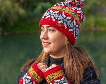 Zestaw czapki i rękawiczek bez palców Fair Isle wykonany ręcznie na drutach