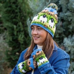 Sheep hat, Hand knit alpaca wool bobble beanie, Fingerless gloves, Matching Set, Fluffy cute lamb, Cozy and warm, Fleece lined, Handmade
